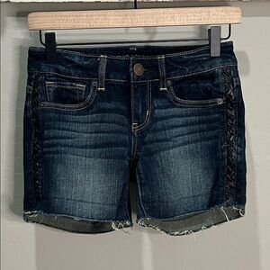 American Eagle AE Jean Shorts Leather Braided Sides Fray Vintage Dark Black